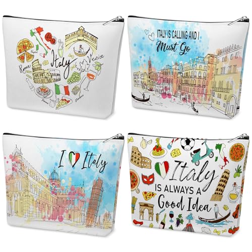 Kacctyen 4 Pack Italy Travel Gifts Cosmetic Bag for Women City Theme Makeup Bag with Zipper Italian Souvenir Gifts for Italy Lovers Travellers Women Girls