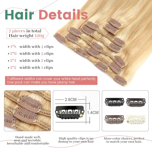 JESSBO Clip in Hair Extensions Real Human Hair 18 Inch 120g 7pcs Ash Blonde Highlighted Bleach Blonde Seamless Invisible Double Weft Natural Straight Hair Extensions for Woman (#P18/613)