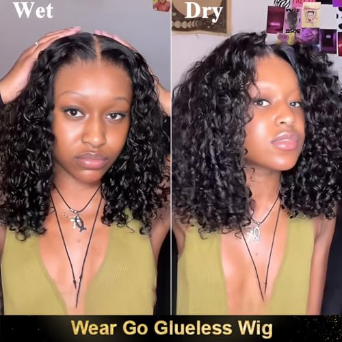 ISEE Glueless Bob Wigs Human Hair Pre Plucked Pre Cut Water Wave Human Hair Wig for Black Women 5x7 HD Lace Closure Wigs 180% Density (Black, 16 Inch)