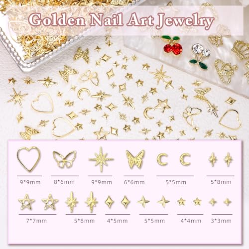2 Boxes 300 Pcs Gold Nail Charms, Cherry Nail Charms, Bows Star Heart Crosses Butterfly Crown Nail Gold Charms, Multi Shapes Golden Nail Art Studs, Y2K Gold Charms for Nail DIY