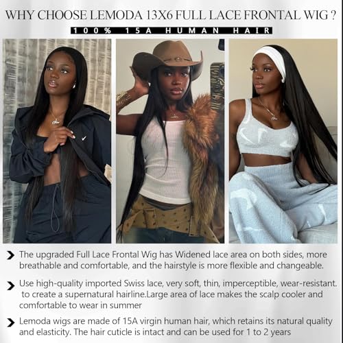 Lemoda 13x6 Full Lace Frontal Wigs Human Hair 200% density Straight Wig HD Transparent 13x6 Lace front Wigs Human Hair for Black Women Pre Plucked with baby hair Natural Color 18 inch