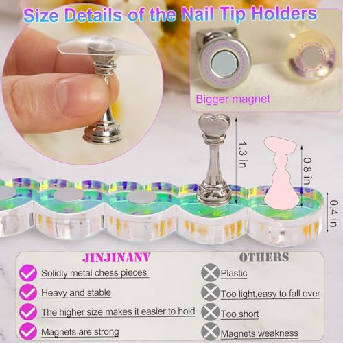 2 Set Nail Stands, Thickened Metal Nail Stand for Press Ons, Aurora Heart Nail Polish Holder for Painting, Fake Nail Display Stand Nail Practice Magnetic Nail Art Tools w/ 100Pcs Reusable Glue Tabs