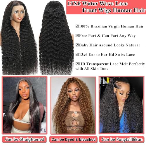 34 Inch 13x6 Lace Front Wigs Human Hair Water Wave Hd Lace Frontal Wigs Human Hair Wet And Wavy Pre Plucked With Baby Hair 200 Density Water Wave Glueless Frontal Wigs For Women Natural Color