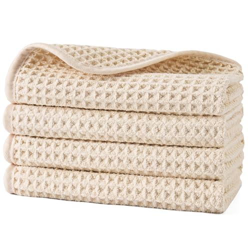 POLYTE Microfiber Lint Free Washcloth Face Towel, 13 x 13 in, 4 Pack (Waffle Weave)