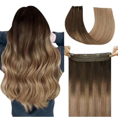 Wire Hair Extensions Real Human Hair, Invisible Wire Hair Extensions Fish Line Long Curly Hair Extensions for Women Adjustable Headband 20inch 85g Dark Brown to Dirty Blonde(#2/6/18-20inch)