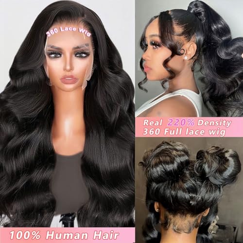 360 Lace Front Wigs Human Hair Body Wave 220 Density HD Lace Front Wigs Pre Plucked Full Lace Wigs For Women Natural Hairline With Baby Hair (24 Inch)