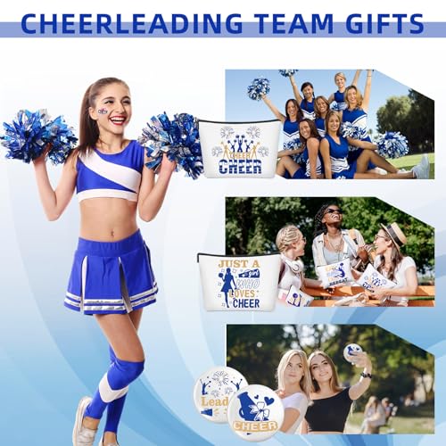 Lyrow 160 Pcs Cheerleader Gifts Bulk for Team Cheer Scrunchies Hair Ties Makeup Bag Cheer Mirror Bracelet Keychain Sticker for Back to School(Blue)