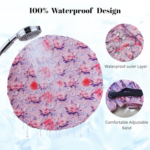 Extra Large Luxury Shower Cap for Women Reusable Waterproof, Double Layered Shower Caps for Long Hair with Adjustable Elastic Strap, Large Satin Lined Shower Bath Cap for All Hair Lengths