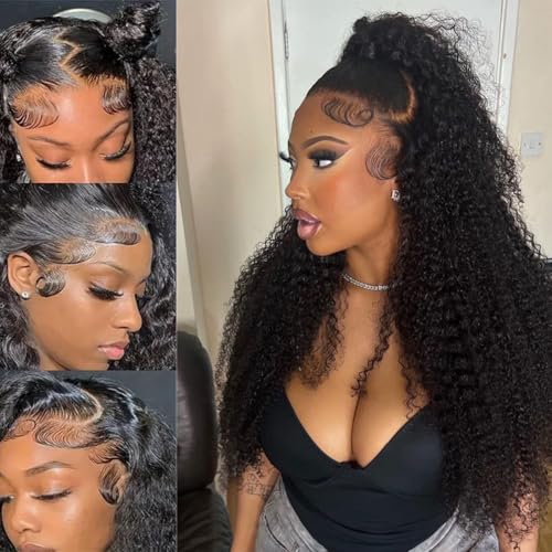 13x6 Deep Wave Lace Front Wigs Human Hair 180% Density Transparent Frontal Lace Wigs Human Hair for Women Deep Curly Glueless Wigs Human Hair Pre Plucked with Baby Hair 32 Inch Natural Black