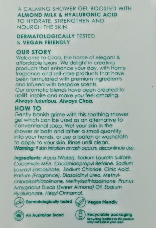 Ciroa, Almond Milk & Hyaluronic Acid, SHOWER GEL, Hydrate & Nourish, 33.8 fl oz 1,000ml (Pack of One)