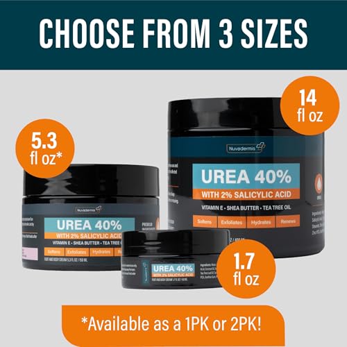 NUVADERMIS Urea Cream 40% for Feet ? Maximum Strength Foot Repair Lotion with 2% Salicylic Acid, Shea Butter, Tea Tree Oil, and Vitamin E ? For Dry, Cracked Heels ? 5.29 oz Jar - 2 Pack