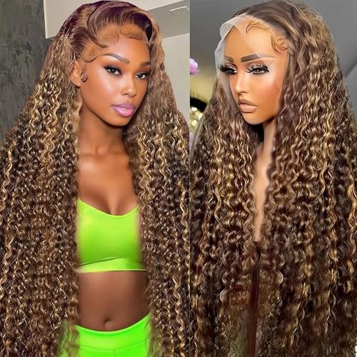 30 Inch Highlight Ombre Deep Wave Lace Front Wigs Human Hair Wig 13x6 Honey Blonde Wig Human Hair HD Glueless Deep Wave Wig 4/27 Colored Wet and Wavy Curly Wig Pre Plucked for Women