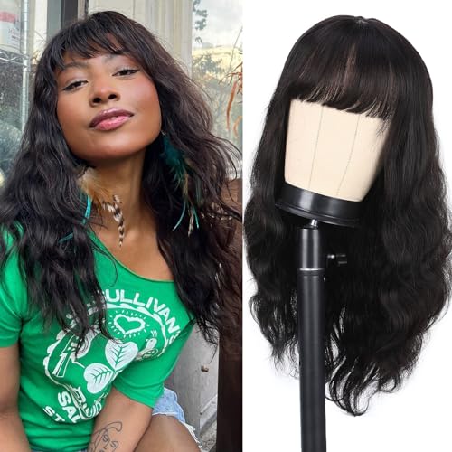 Fancy Hair Natural Wavy Human Hair Wig with Bangs Lace Middle Part Glueless Body Wave Brazilian Virgin Human Hair Wigs with Bangs for Black Women Natural Black 20 inches