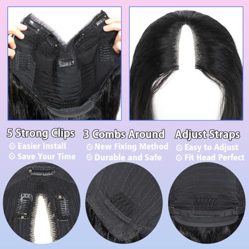 V Part Wig Human Hair Body Wave Natural Black 24 Inch | Body Wave Human Hair Wig Upgrade U Part Human Hair Wigs for Black Women Glueless Wig Wear and Go 180 Density