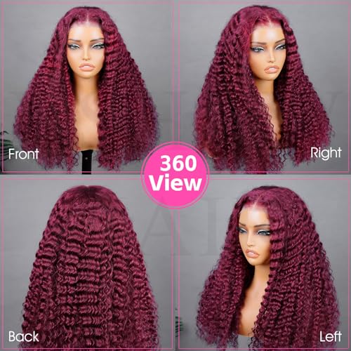 V SHOW 99J Burgundy Lace Front Wigs Human Hair 180% Density Deep Wave 7x5 HD Lace Closure Wig Human Hair Wine Red Glueless Wigs Human Hair Pre Plucked Pre Cut Burgundy Wig 20 Inch