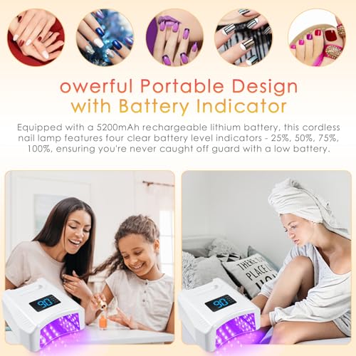 Cordless UV LED Nail Lamp 80W 52LEDs Gel Nail Polish Dryer Quick Drying Fingernail Toenail Curing Lamp 4 Timer Settings with Auto Sensor Digital Display Screen Nail Art Salon Tool