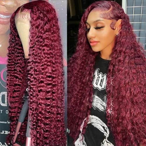 Larhali 99J HD Lace Front Wigs Human Hair Pre Plucked 250% Density Burgundy 13x6 Deep Wave Frontal Wigs Natural Hairline Human Hair Wigs for Black Women(24 Inch)