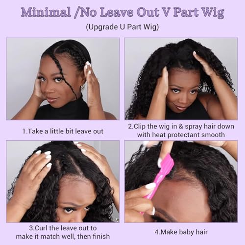 Kinky Curly V Part Wig Human Hair Glueless Clip In 100% Real Human Hair Curly V part Wigs No Glue No Sew In Upgrade U Part Wig For Beginners Friendly 200 Density 24 Inch