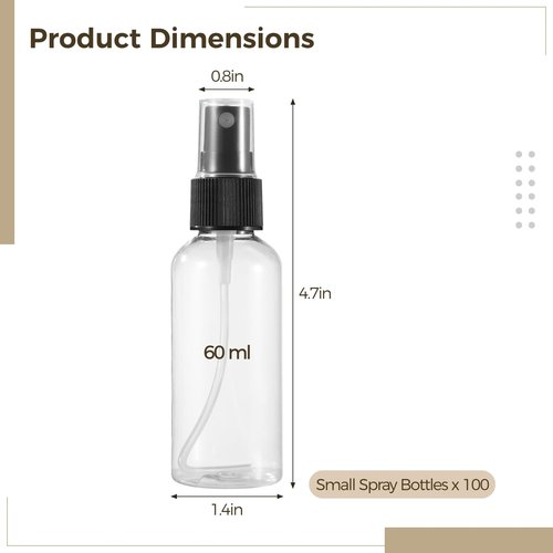 Tideme 100 PCS Small Spray Bottles 2 oz Bulk - 60 ML Transparent PET Spray Bottles with Black Mist Nozzle Travel-Size, Convenient for Samples Office Home Use