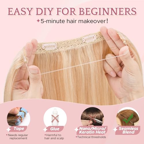 SEGO Invisible Wire Hair Extensions, Real Human Hair Adjustable Wire Extensions, 2 Clips for Women Transparent Fish Line Extensions, Add Length, 22 inches, Golden Brown Mixed Bleach Blonde, 75g