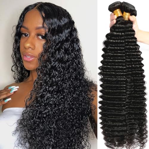Deep Wave Bundles Human Hair 4 Bundles (20 22 24 26 inches) 12A Virgin Curly Bundles 100% Human Hair Deep Wave Bundles Deep Curly Weave 4 Bundles Natural Black