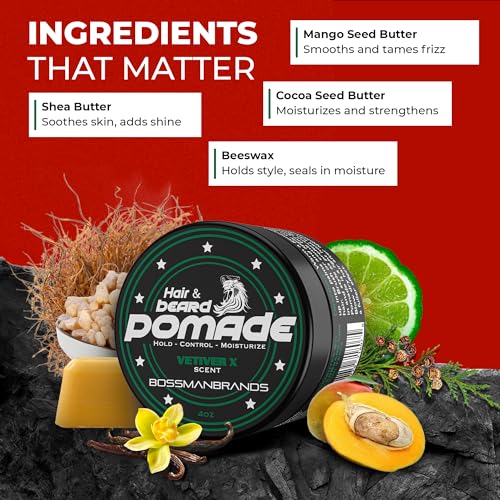 Bossman Natural Hair & Beard Pomade for Men (Vetiver X Scent) ? Medium Hold & Moisturizing for Hair, Beard & Mustache Styling ? Made in USA