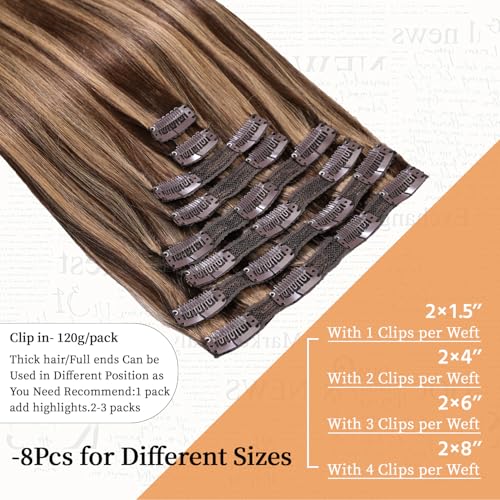 Clip in Hair Extensions Real Human Hair 20 inch, 8Pcs/120g Human Hair Clip in Extensions, Seamless Clip in Hair Extensions Human Hair #4/27 Medium Brown/Dark Blonde, 20 Inch
