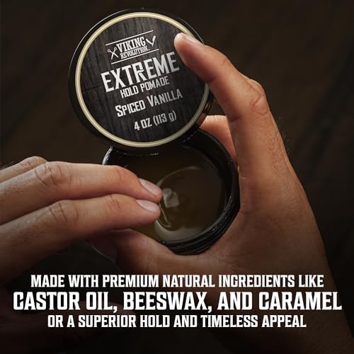 Viking Revolution Spiced Vanilla Hair Pomade for Men - Extreme Hold Hair Gel for Men - Water Based - Extra Firm Mens Hair Pomade - High Shine Mens Hair Cream (4oz)