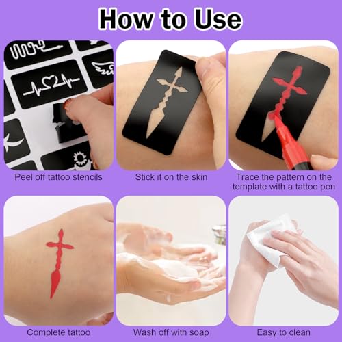 Ponhey Temporary Tattoo Markers for Skin, 24 Body Markers+67 Large Tattoo Stencils,Dual-End Tattoo Pens,Fine Lines with Cosmetic-Grade,Flexible, Skin-Safe Face Paint Kit for Kids Teenage Adults