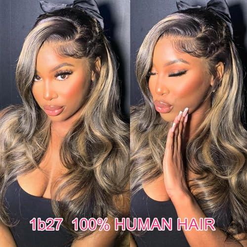 Juvid 13x6 Highlight Lace Front Wigs Human Hair FB/27 Ombre Body Wave HD Transparent Balayage Lace Front Wig Human Hair 180% Density Glueless Wig 26inch for Black Women Pre Plucked Hairline