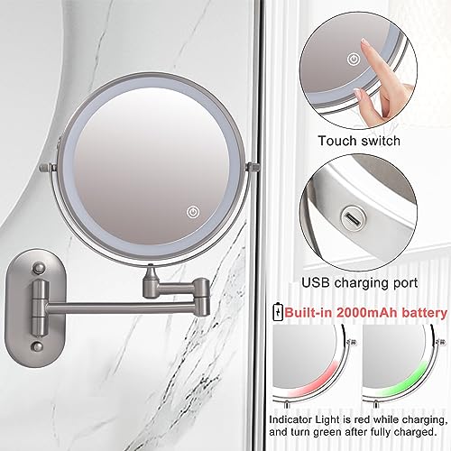 Rechargeable Wall Mounted Lighted Makeup Vanity Mirror with 10X/1X Magnification for Shaving, 8Inch Brushed Nickel Magnifying Mirror Makeup Wall Mounted with Light,13 Inch Extendable (8CB-N10X)
