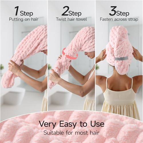 REDKISS 3 Pack Microfiber Hair Towels - Extra Large Hair Towel Wrap for Women, 24x42 inch Hair Towels with Elastic Strap, Super Soft Hair Drying Towels for Long, Thick, Curly Anti Frizz Turbans