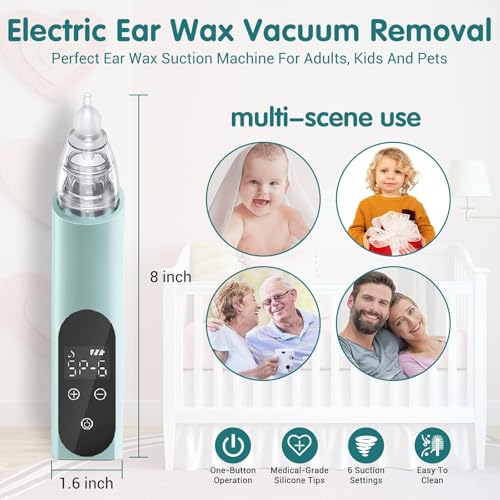 Ear Wax Vacuum Removal Tool, 6 Gear Strong Suction Electric Ear Cleaner Ear Vacuum Wax Remover, USB Charge Ear Wax Suction Removal Kit, Reusable Ear Suction Vacuum Device for Adults and Kids (Blue)