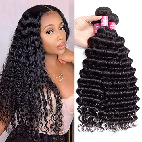 FQ Human Hair Deep Wave 3 Bundles 24 26 28 inch 10A Brazilian Virgin Human Hair Bundles Double Strong Weft Deep Wave Human Hair 3 Bundles Unprocessed Deep Curly Wave Human Hair Extensions Bundles