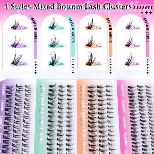 Bottom Lash Clusters DIY Eyelash Extensions 4 Styles Lower Lashes Wispy Bottom Individual Lashes 5-7mm Natural Thin Band Eyelash Clusters 225pcs for Bottom Lash Extension by calphdiar