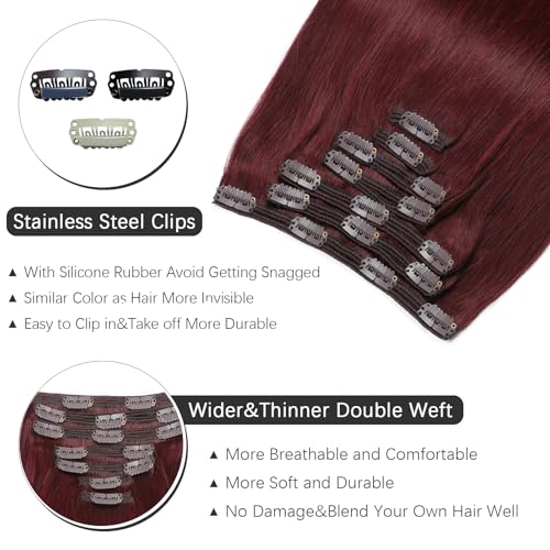 Clip in Hair Extensions Real Human Hair - 170g 22 Inch 7pcs, Burgundy Red Color - Premium Soft Human Hair Clip in Extensions Straight Double Weft for Women (#99J 22 Inch)