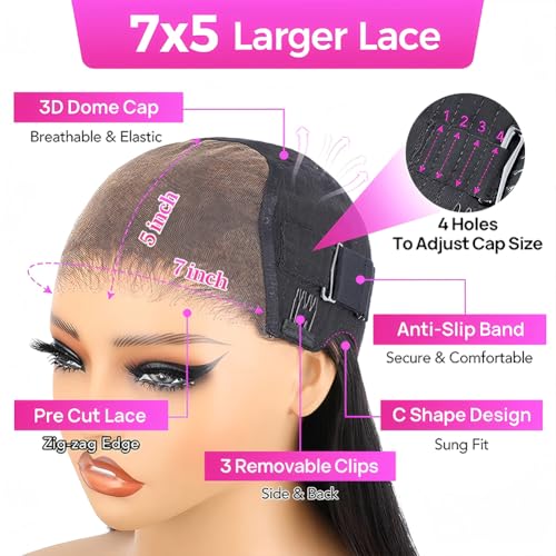 24 inch Glueless Wigs Human Hair Pre Plucked Pre Cut 7X5 HD Lace Upgrade Invisible Knots Wear and Go Deep Wave No Glue Lace Wig, Glueless Wig Human Hair Wigs Natural black 200% Density