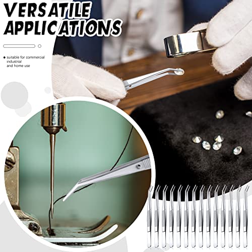 Honoson 32 Pcs Stainless Steel Tweezers for Crafting with Curved Serrated Tip Multipurpose Forceps Sewing Machine Tweezers Bulk (Silver)