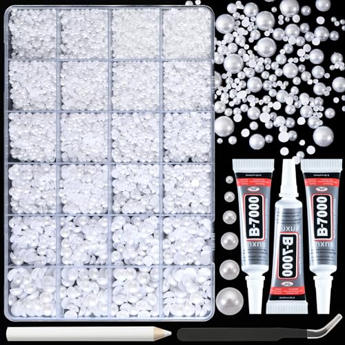 14000 Pcs Flat Back Pearls for Crafting with B7000 Glue White Half Pearl Beads for Jewelry Making Beads for Nails Party Face Clothes Shoe Balloon Birthday Decorations Cup DIY 2/3/4/5/6/8mm
