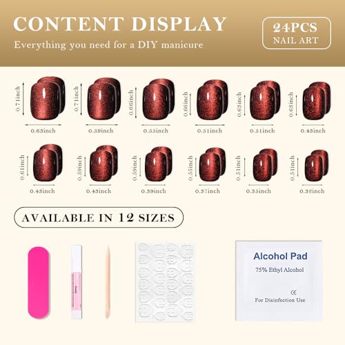 evpct Wine Red Cat Eye Extra Short Square Press on Nails, Petite Short Square Glue on Nails for Women Gift, Wine Red Holographic Glossy Fake Nail Reusable, Soft Gel Press on Acrylic Nail with Designs