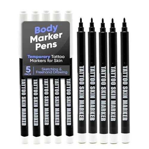 Element Tattoo Supply Body Marker Pens - Temporary Tattoo Markers for Skin, Body Safe & Washable Skin Scribes for Tattooing, Sketching & Freehand Drawing, Purple Bold Tip, 5 Pack