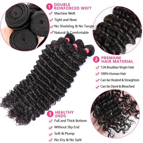 12A Deep Wave Single Bundles Human Hair 16 Inch Brazilian Curly 1 Bundles Human Hair 100% Unprocessed Virgin Wet and Wavy Hair Weave 1B Black