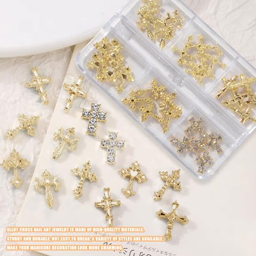 3D Cross Nail Charms for Nail Art, 60 Pcs Metal Crystal Cross Nail Decorations, Alloy Nail Studs and Rhinestones for Women Girl DIY Jewelry Crafts Supplies (Gold)