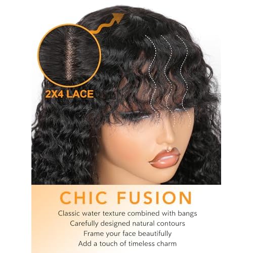 Ruiyu Shaggy Haircuts Curly Wig with Bangs Human Hair 2x4 HD Lace Closure Wear and Go Glueless Wig Water Wave Wigs with Bangs for Black Women 100% Brazilian Virgin Human Hair 20 Inch
