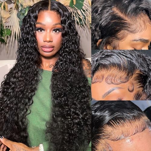 Deep Wave Lace Front Wigs Human Hair 200% Density 13x4 HD Curly Lace Frontal Glueless Wigs for Women Pre Plucked Deep Wave Natural Color (18 Inch)