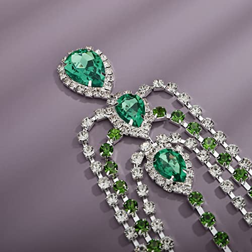 Xerling Green Crystal Pendant Head Chain Boho Layered Rhinestones Forehead Headpiece Tassel Head Jewelry for Women Wedding Hair Clip Accessories for Brides (Green-Silver)