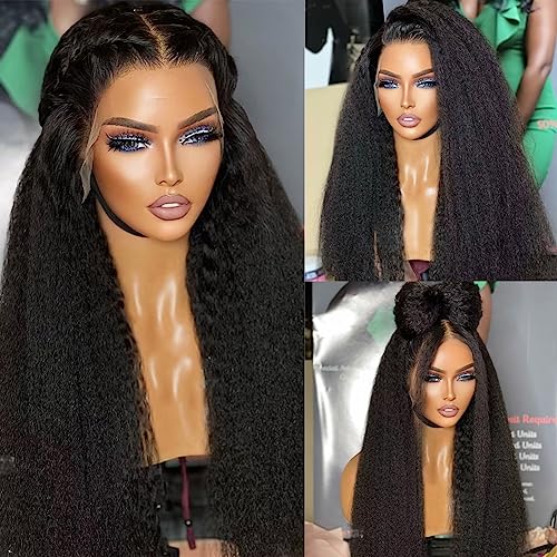 Kinky Straight Wig 24 Inch 180% Density Yaki Straight Human Hair Wig With Pre-Plucked Hairline & Adjustable Straps,Natural Black 13x4 Lace Front Wigs Human Hair For Black Women