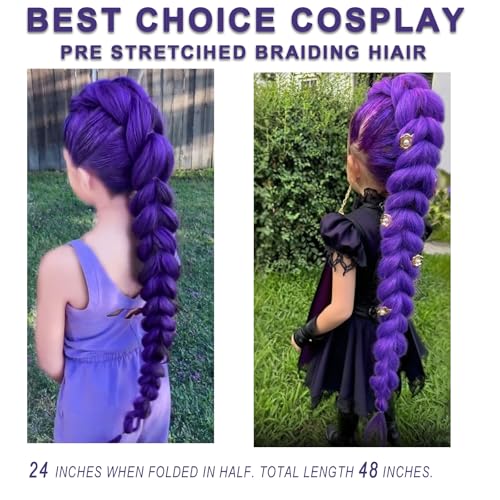 4Packs Long Purple Hair Extensions Pre Stretched Synthetic Braiding hair Extensions for Braids purple Braiding Hair for Stage Party Halloween Cosplay Costume Wigs (Purple, 24 Inch (Packs of 4))