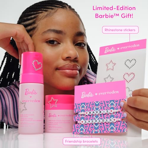 Evereden Barbie Limited Edition Kids Happy Face Duo + Exclusive Accessories | Multi-Vitamin Face Wash & Cream Set with Stickers + Bracelets | Clean Skin Care for 3+ | Barbie Gift Box for Kids