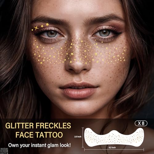 8 Pcs Gold Face Makeup Patches, Gold Glitter Freckles Face Tattoo, Glitter Freckles, Sparkle Makeup Patches, Waterproof Face Glitter Speckles Patches for Women